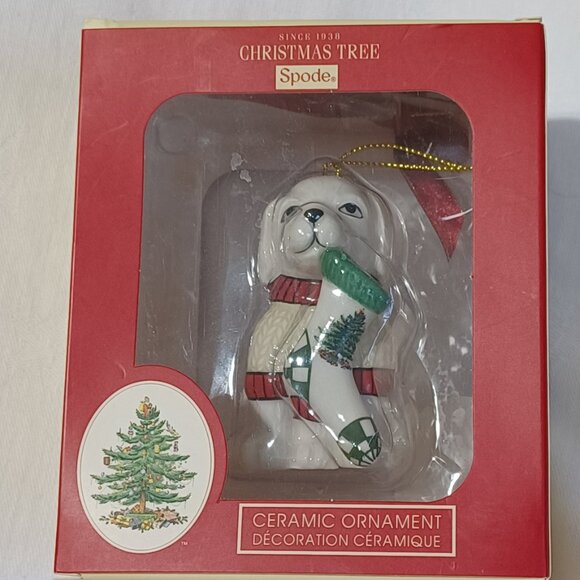 SPODE Christmas Tree Ceramic Ornament Puppy Dog With Stocking In Box - Picture 9 of 9